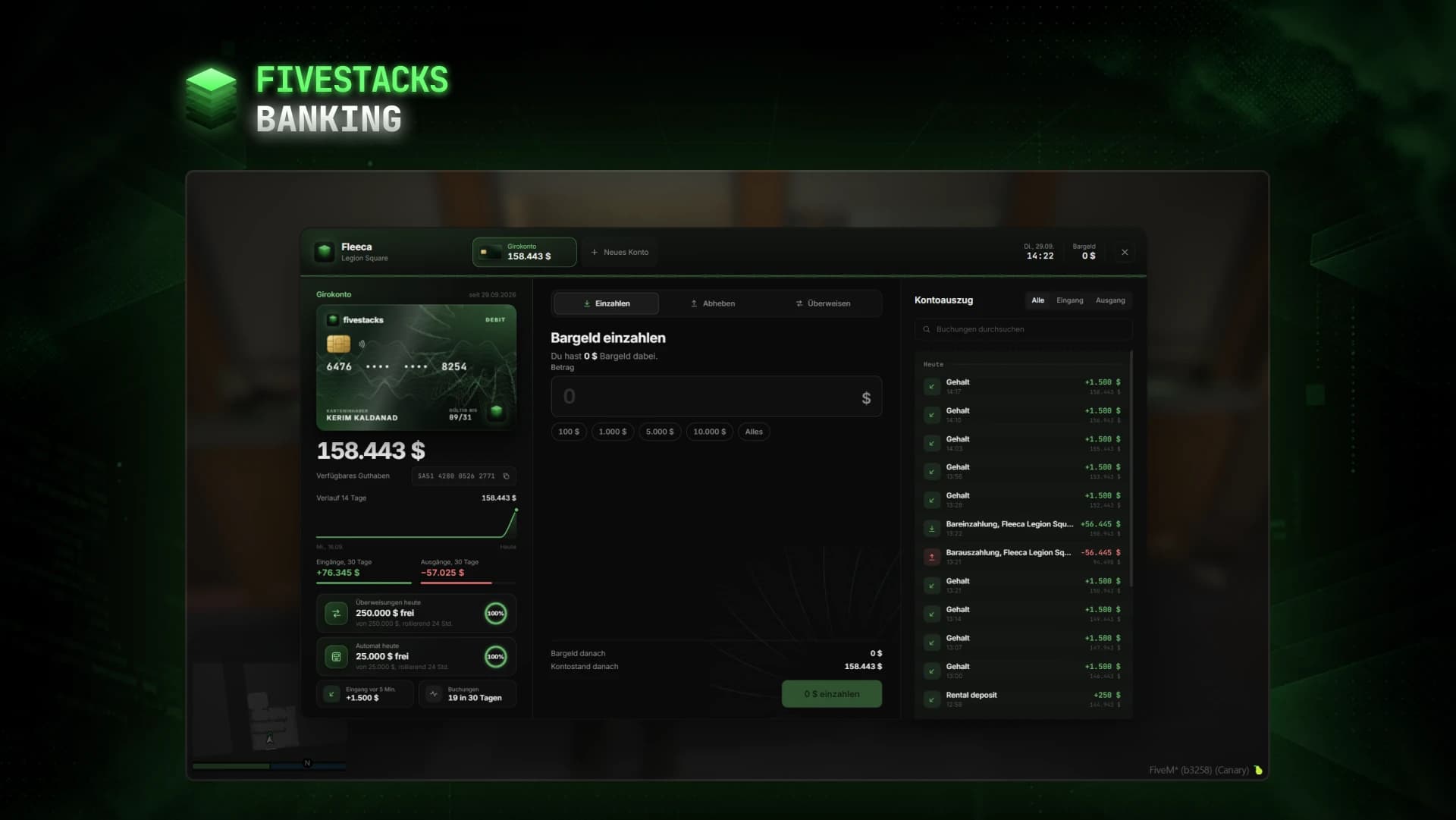The bank menu: bank card, balance and daily limits on the left, cash deposit in the middle, the statement on the right